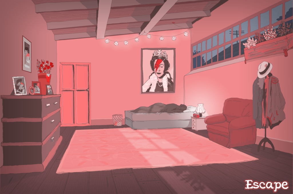 Warm pink room with a figure on the bed and punk poster of the queen